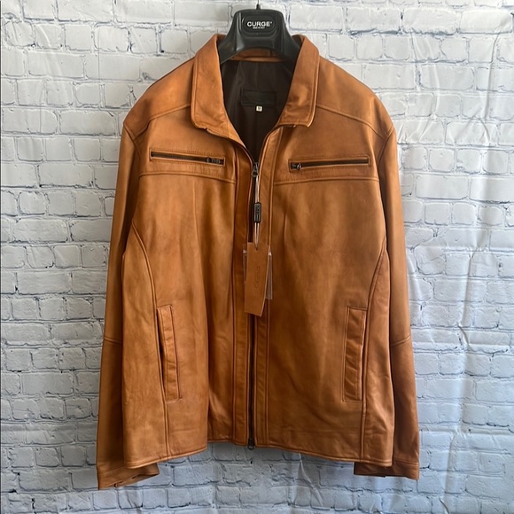CURGÈ Men's Camel Leather Zip Up Jacket Made in Italy NWT size Medium #2 - Picture 1 of 9